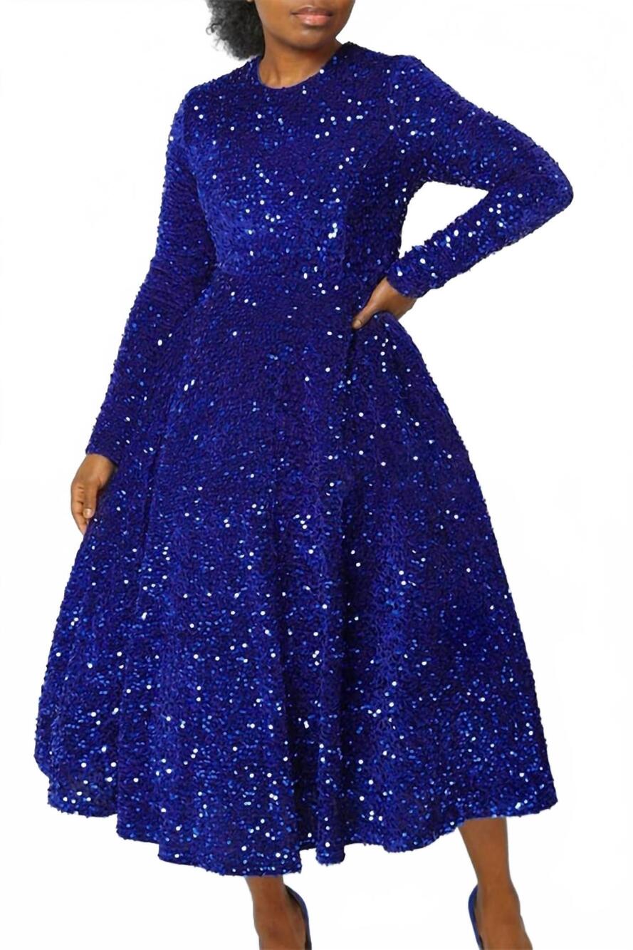 NEW UNISHE women's round neck solid color sequin high waist dress in navy